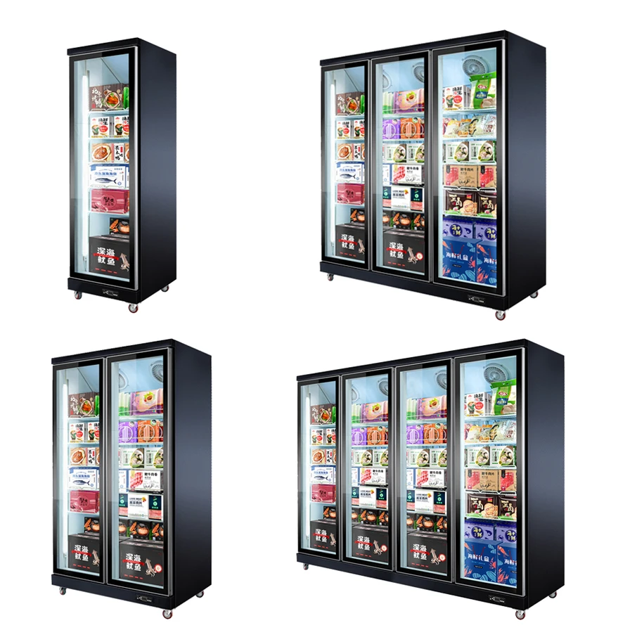 R404 холодильник газовый супермаркет замороженные продукты вертикальный стеклянный дисплей морозильник