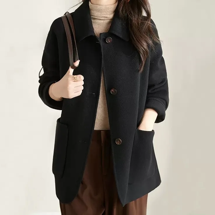 Autumn and Winter New Korean Version Solid Fashion Simple Elegant Woolen Overcoat Coats for Women