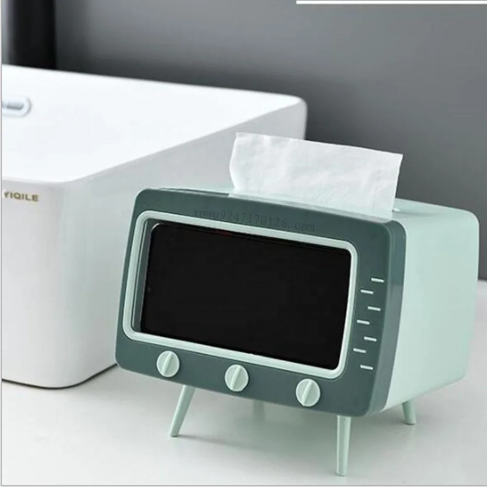Hot Sale Dust Proof TV Style Phone Holder Tissue Box Custom Printed Logo Tissue Box Multi-functional Plastic Tissue Box