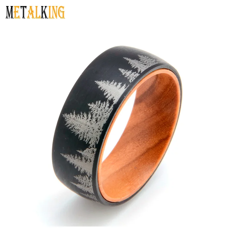 Mens 8mm Black Tungsten Carbide Wedding Ring Lasered Forest Landscape with Olive Wood Sleeve Dome Style