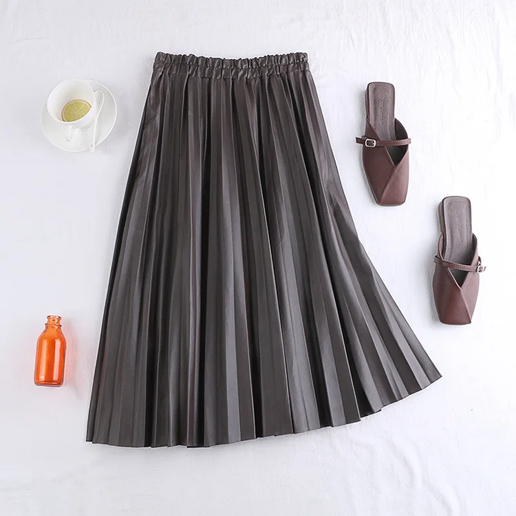 PU leather skirt women Over Knee Length Pleat  skirt women High Waist Skirt