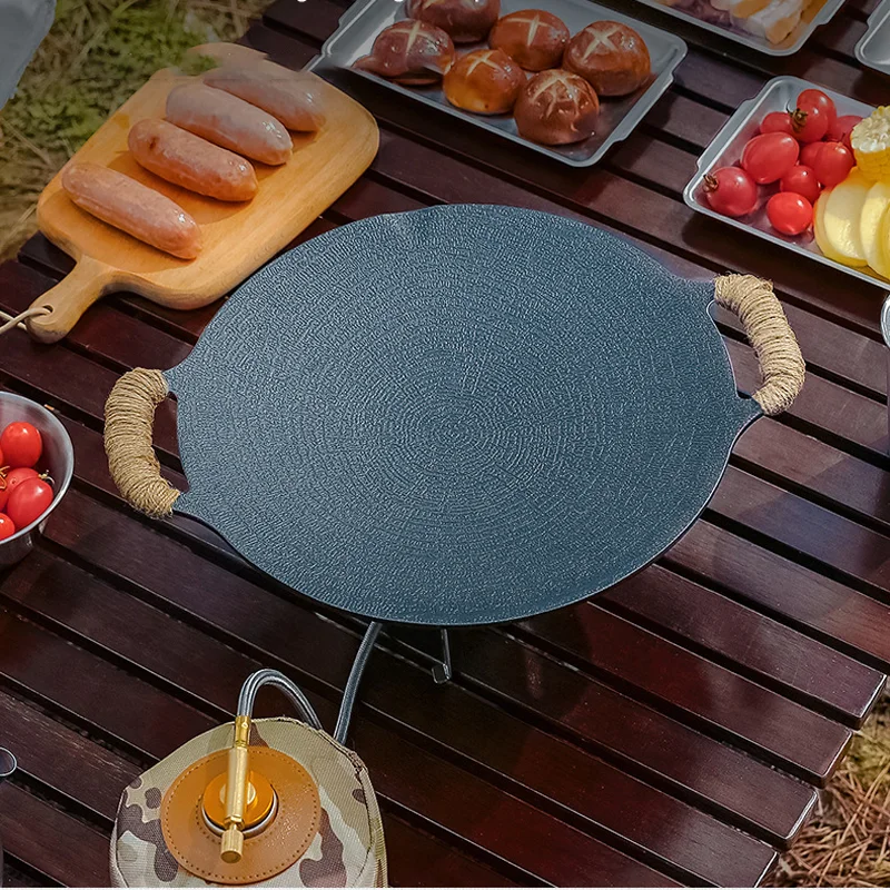 Outdoor Camping Barbecue Plate With Storage Bag Large 35Cm Hot Sell Metal Material Cast Iron Reversible Griddle Bbq Grill Pan