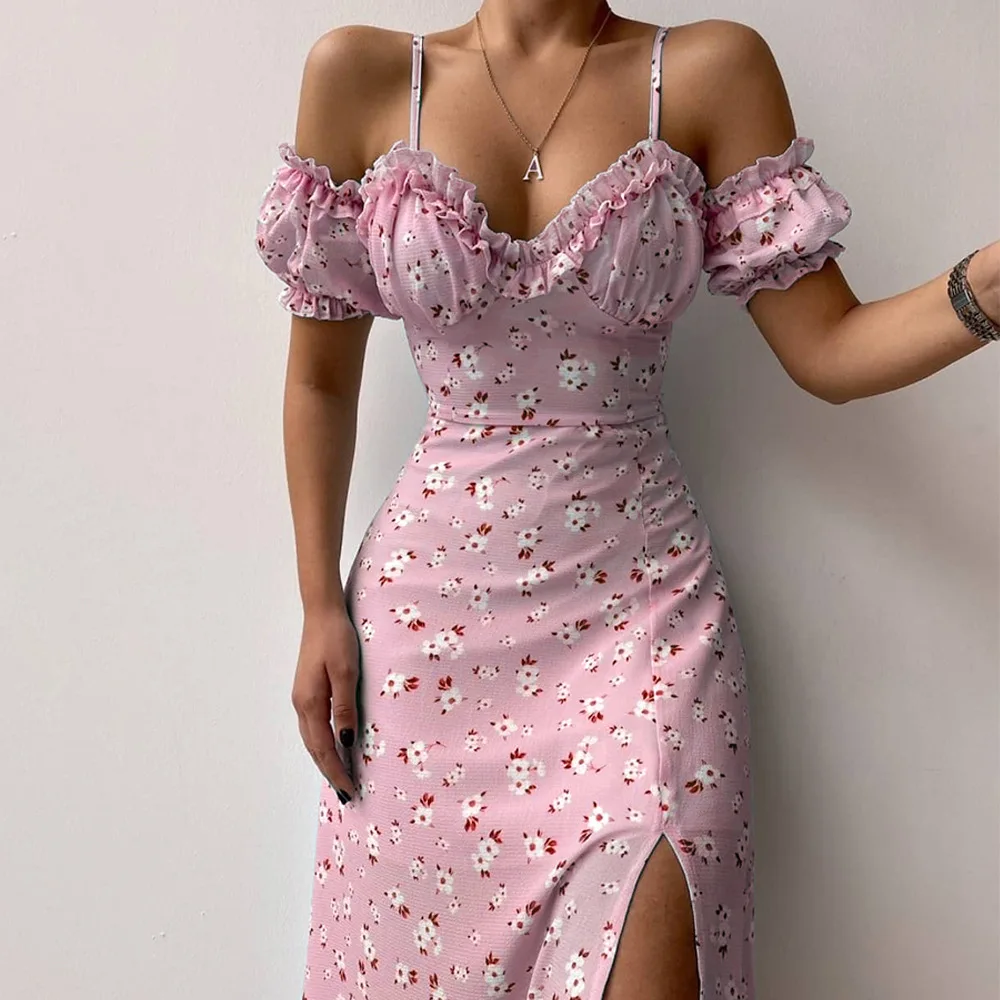 HIgh Quality Summer Print Slit Woman Dress Irregular Off Shoulder Evening Lady Dress