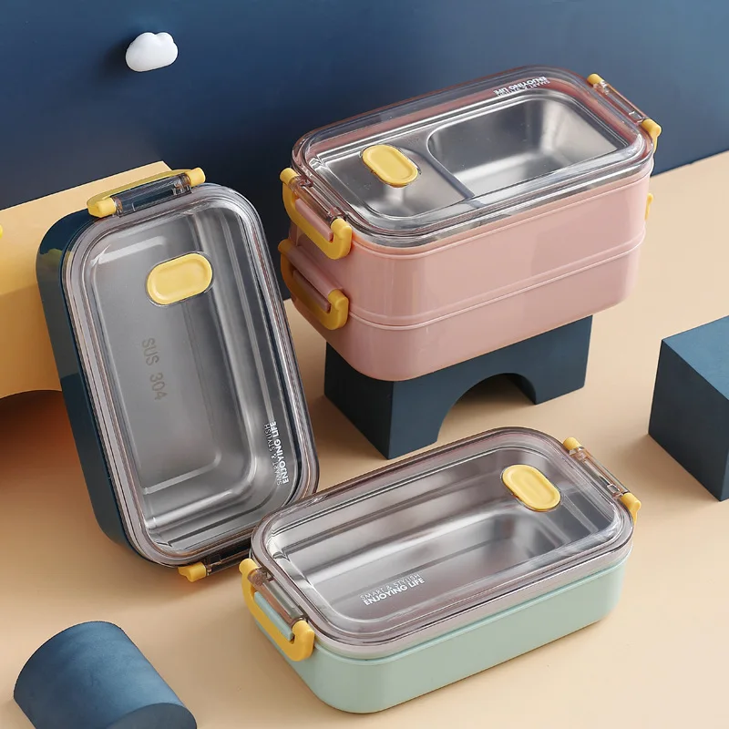 Portable 1/2-layer Food grade 304 Stainless Steel Thermal Insulation Microwaveable Stackable Compartment Tiffin Bento Lunch Box
