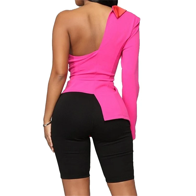 
Women fashion Hot Products One Shoulde Slim Graffiti Leather Blazer Long Sleeve Single Pink Blazer 