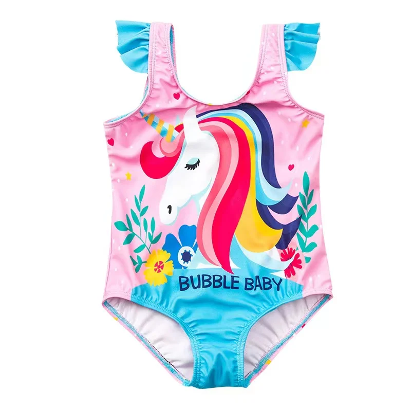 INS Unicorn Kids Girls Swimwear Summer Ruffled Solid Backless Swimsuit for Babies Fashions Children One Piece