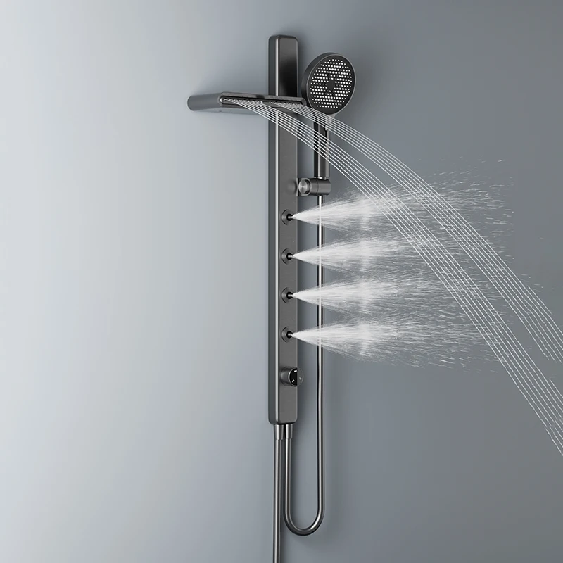 Multifunctional Brass Thermostatic Shower Set Push Button Digital LED Light Mixer with Rain Soft Spray Patterns Bathroom Faucet