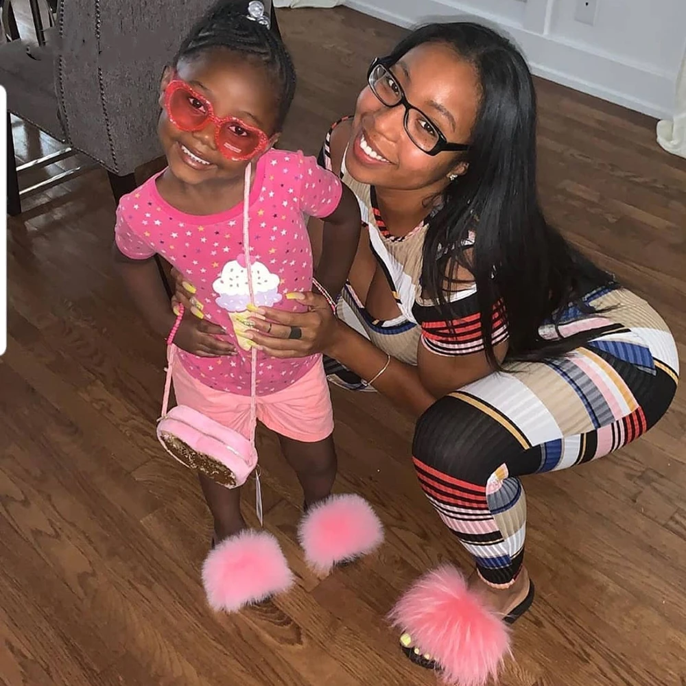 
Wholesale mommy and me fur slides Furry Cute Shoes Real Fox Fur Slippers Summer Toddler Fur Slides for kids With Strap 