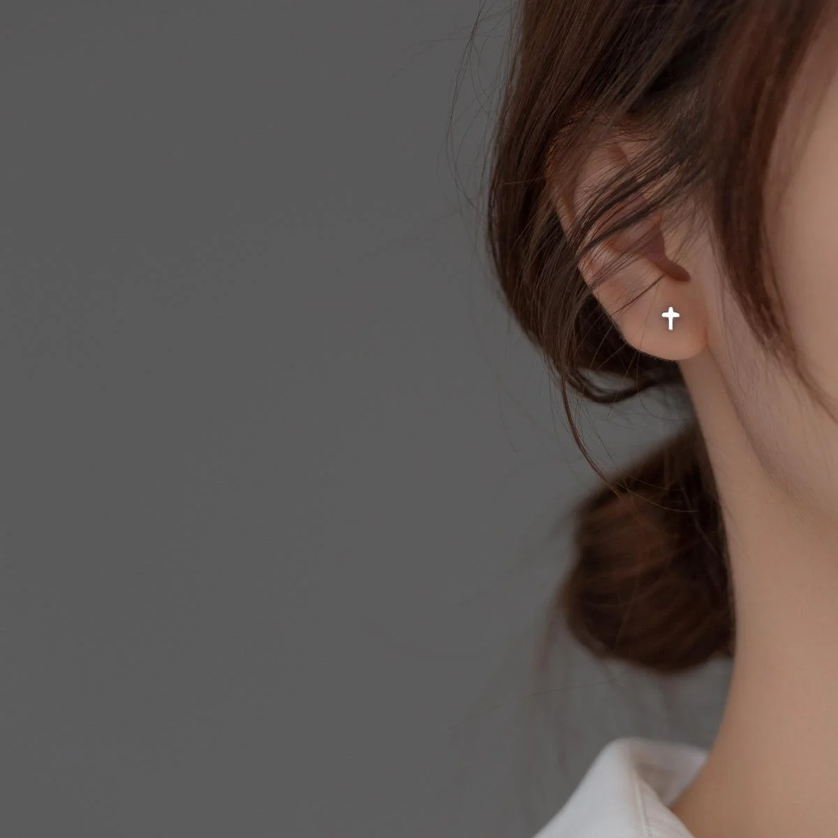 Simple steel color single piece cross screw back stud Smooth cross piercing threaded stud earrings