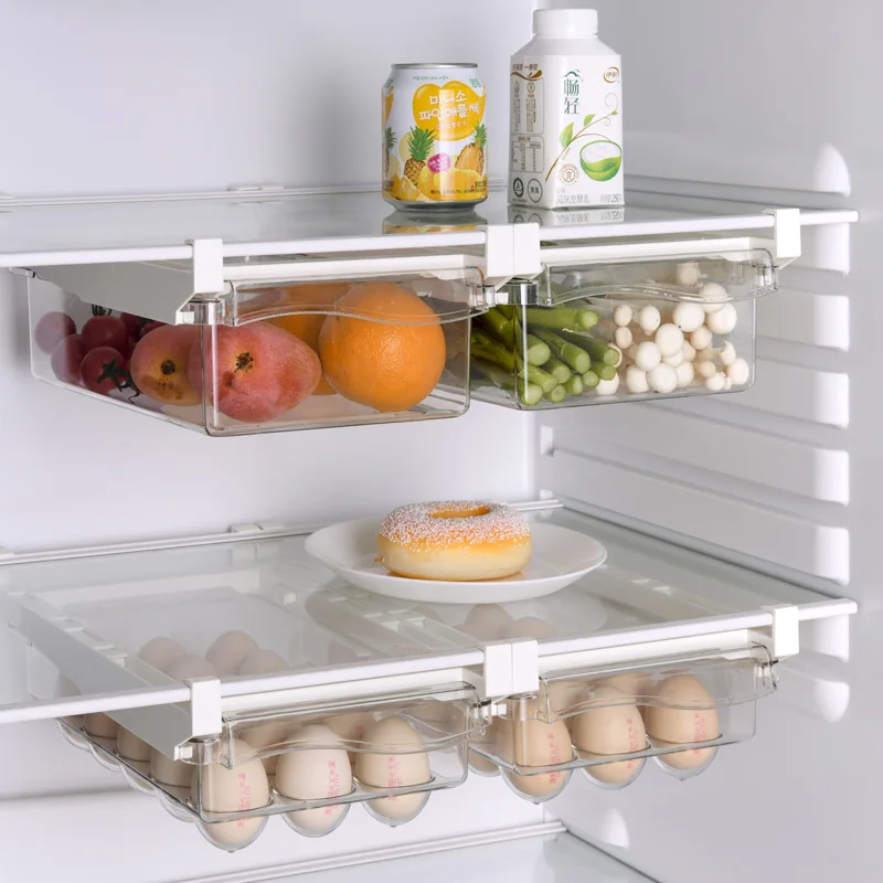 Fridge Drawer Organizer for Fruit Vegetable Retractable Pull Out Style Refrigerator Storage Egg Box