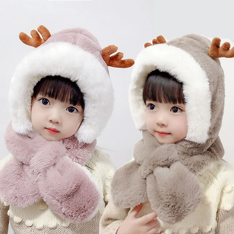 Зимние Детские теплые шапки Shemax в виде лося, вязаный шарф с капюшоном, облегающие шапки для зимы, закрывающая лицо маска на шею, шапка, Теплая Лыжная Балаклава