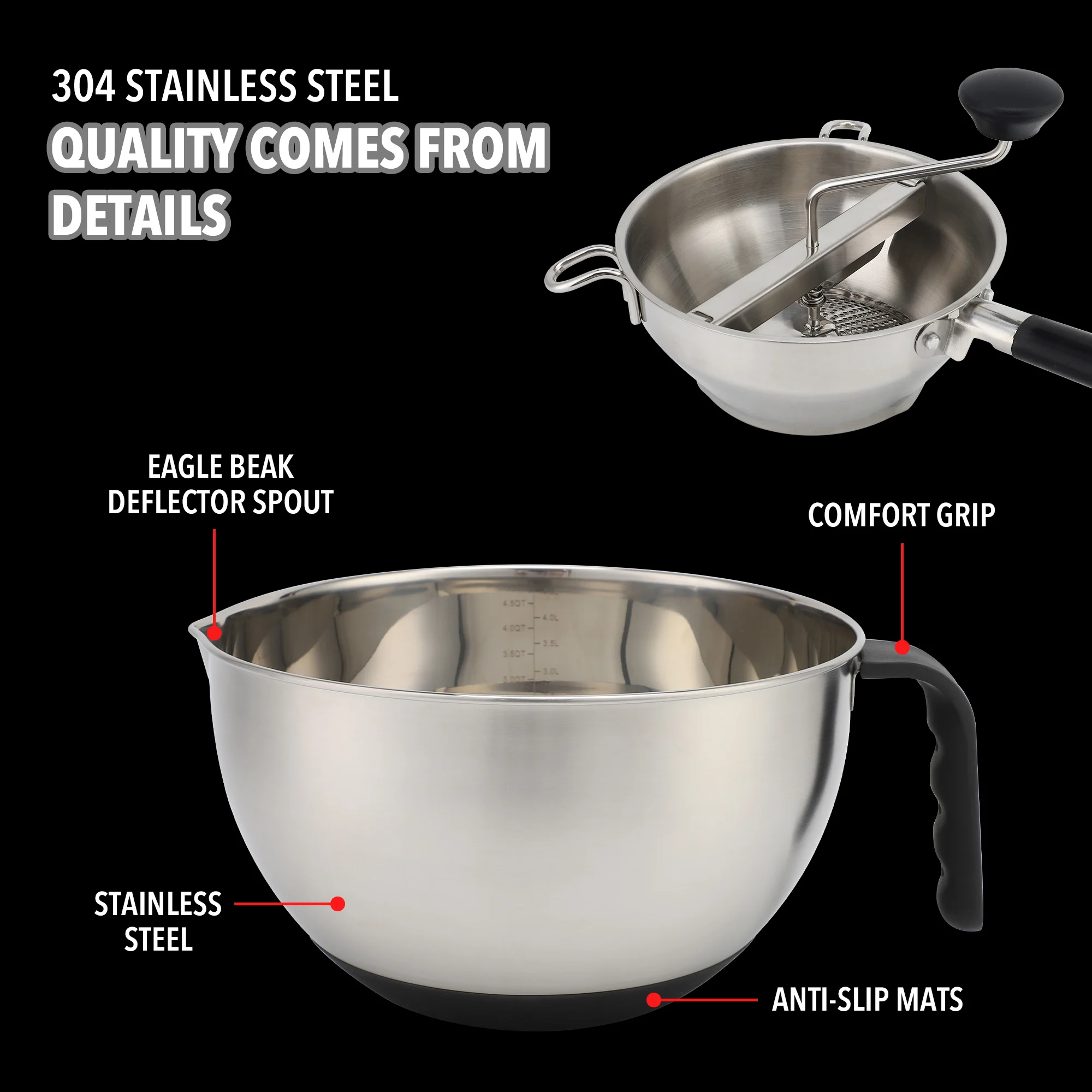 Factory directly sell Stainless-Steel Mixing Bowl Sets Rotary Stainless Steel Food Mill Strainer Vegetable Mill Salad bowls