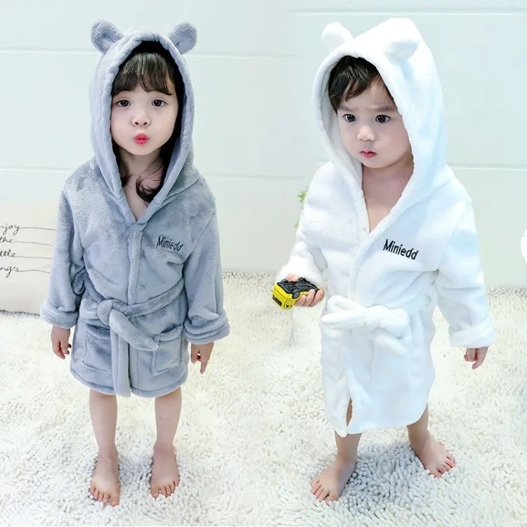 
Amazon hot sale flannel baby bathrobe solid color embroidery hood customized bathrobes 