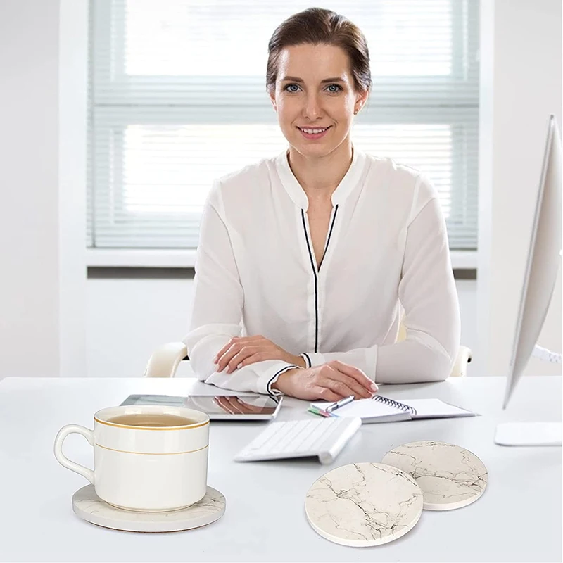 Promotional Customized Set of 6 with Holder Round Absorbent Ceramic Bar Coaster with Cow Pattern Printed and Cork Base