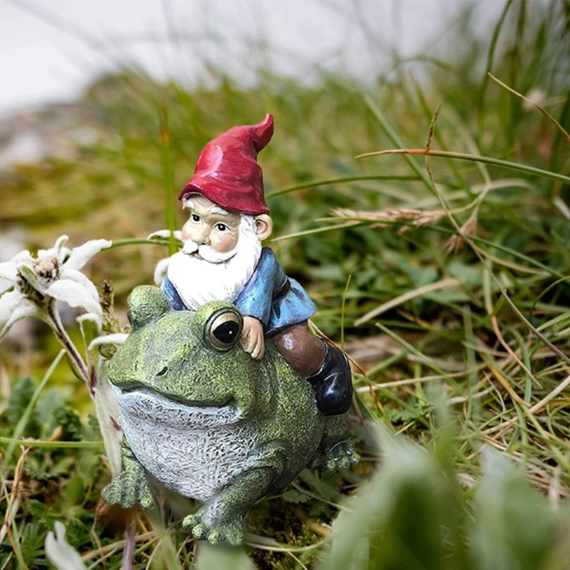 
Dropshipping Garden Figurines Outdoor Decoration Yard Sculpture Resin Gnome Sitting On Frog Statue 