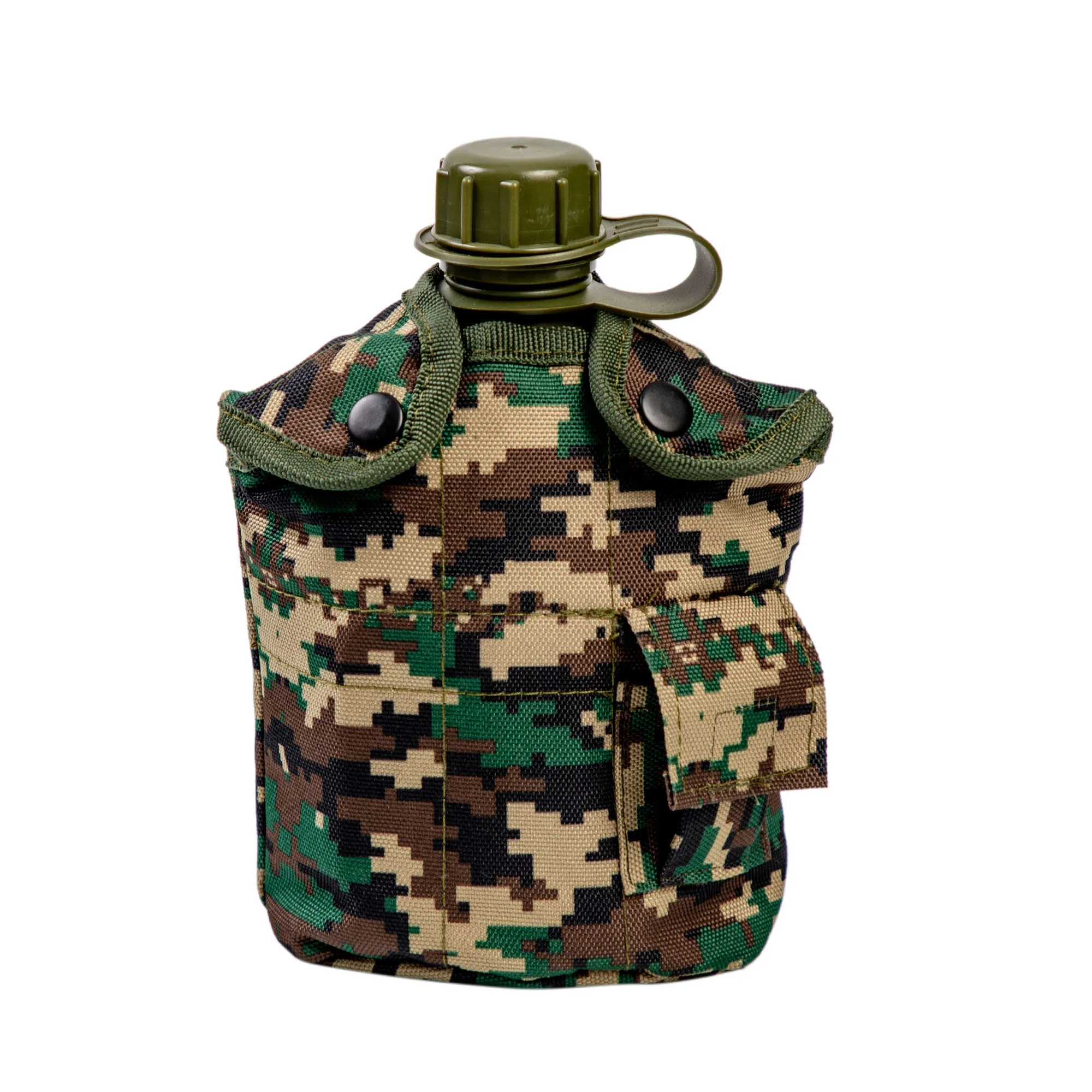 Outdoor PE plastic tactical canteen water bottle with camouflage pocket 1000ml
