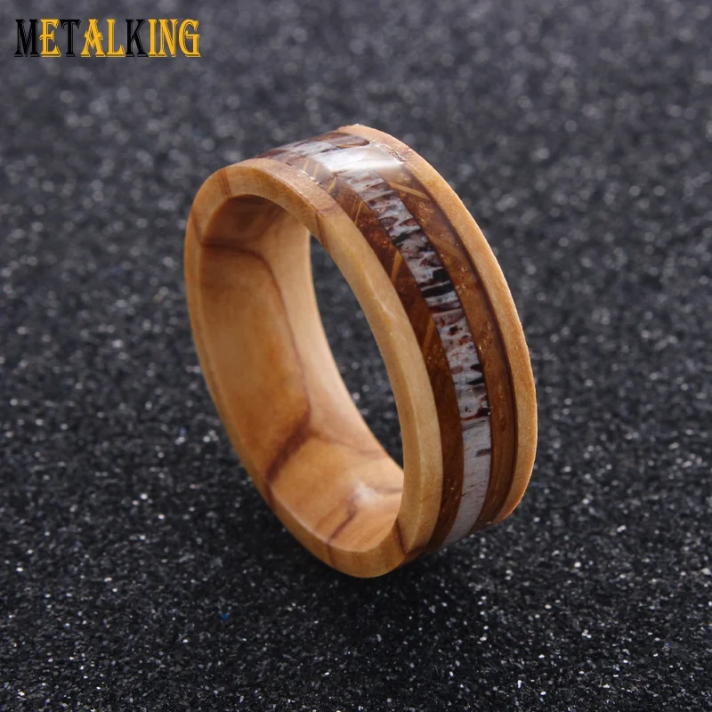 Oliver wood ring with Nature Antler Whiskey Barrel Wood Inlay, Mens Wedding Ring,