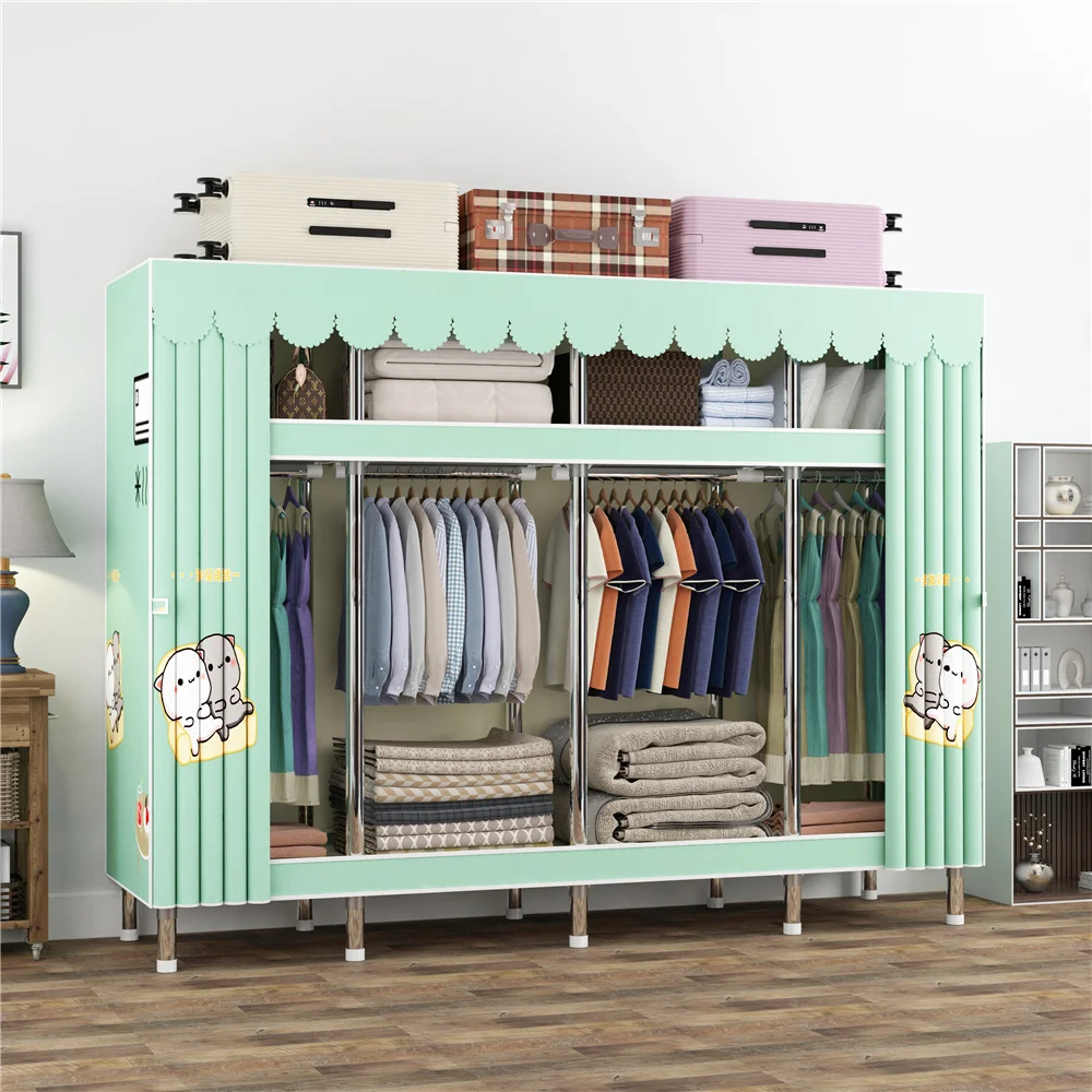 4-Column Collapsible Portable Canvas Wardrobe with Steel Frame Foldable Clothes Hanging Closet Mobile Cupboard