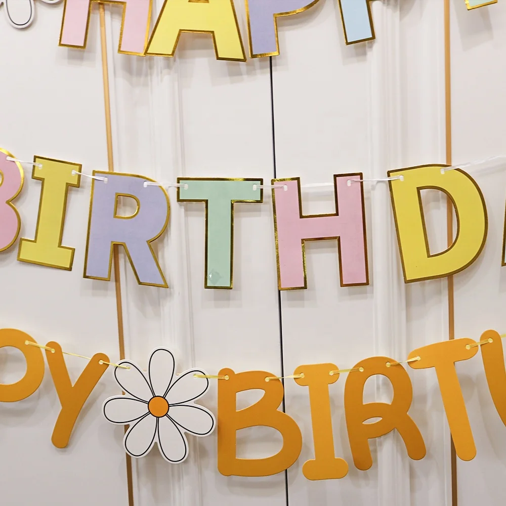 Macaron Smile Daisy theme Happy Birthday Party Banner Decorations Supplies for Kids Girls Foil Balloon Flower Paper Banner
