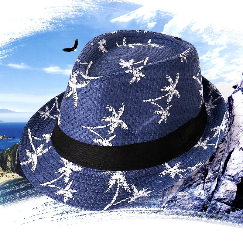 Beach Coconut Palm Printed Fedora Straw Hat for Men Boys Sun Protection Printing Summer Jazz Hat