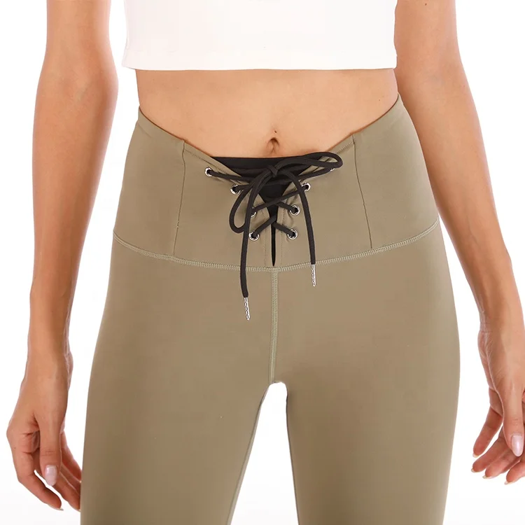 Women Lycra Lightweight Sports Lace-up Stitching Tight Yoga Pants High Waisted Workout Leggings