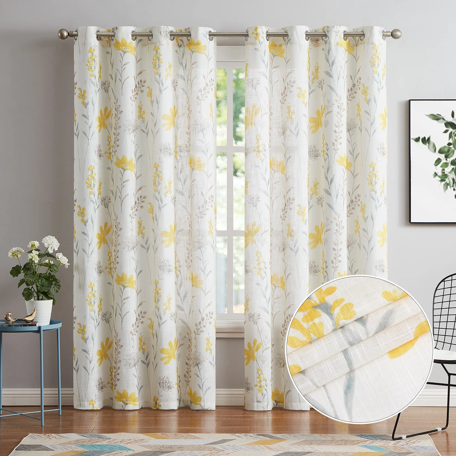 Linen texture yellow floral design modern printed ready made sheer curtains for the living room