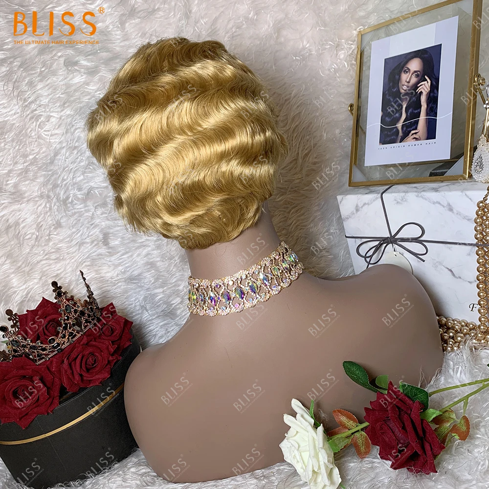 Bliss Finger Wave Wigs 613 White Golden Blonde Wig Short Pixie Cut Blonde Real Remy Human Hair Wigs for Black Women