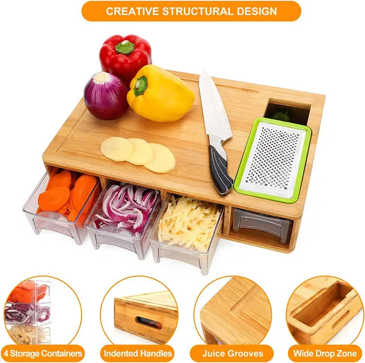 Hot sell Kitchen Large Chopping Juice Groove Bamboo Cutting Board With 4 Acrylic Drawers Food Storage Tray