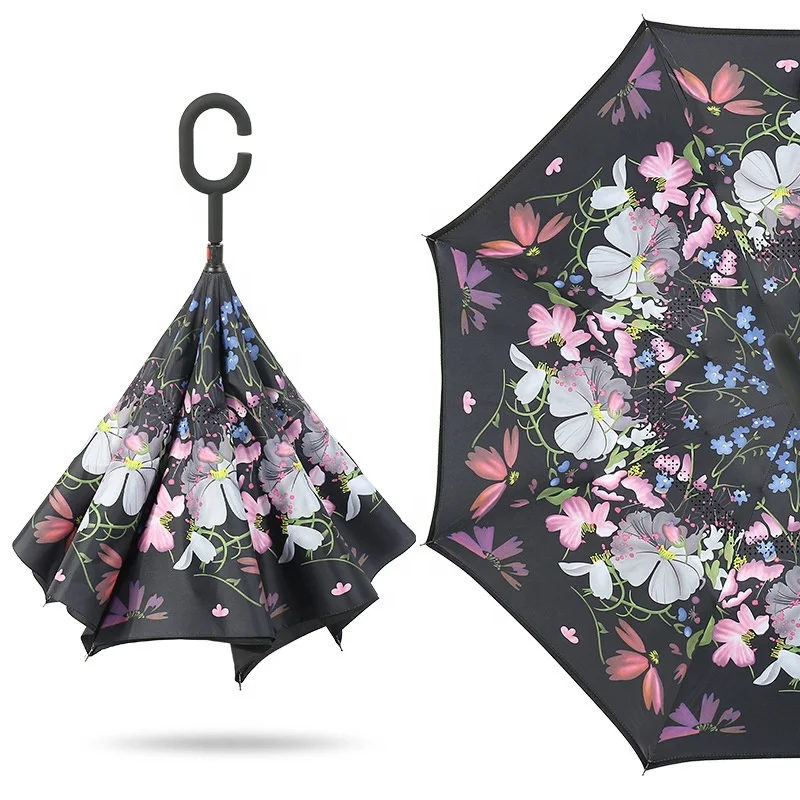 
Custom logo Sunny umbrella free C shaped handle creative long handle double reverse umbrella 