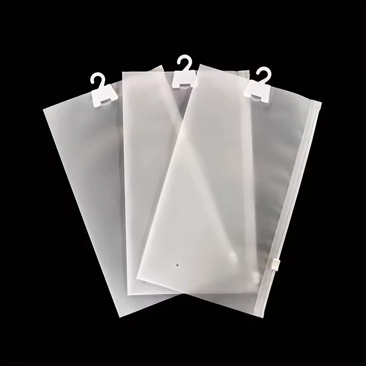 Stock Printed Frosted Plastic Mailing Bags Zippered Poly Material for T-Shirt Garment Clothes Packaging Hanging Hook Underwear