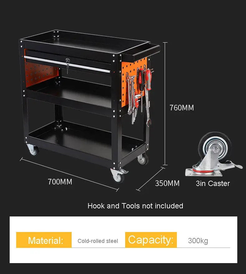 Auto Repair Mechanic Steel Tool Cart Workshop Cart Three-Layer Rolling Tool Cart Mobile Rolling Tool Trolley With Wheel