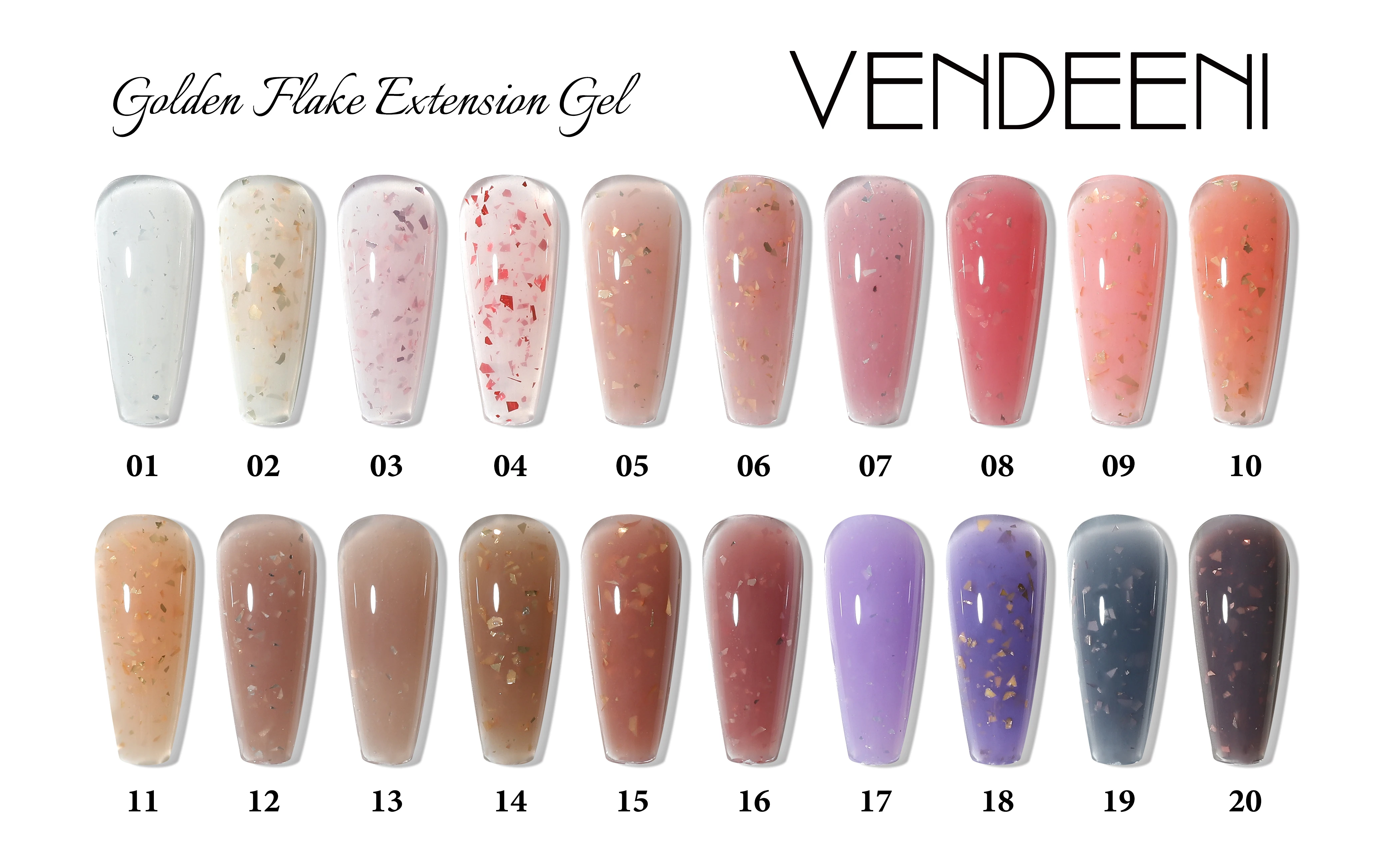 Vendeeni gold flake gel for nail extension 20 colors poly gel nail kit hema free gel builder for nails low moq wholesale