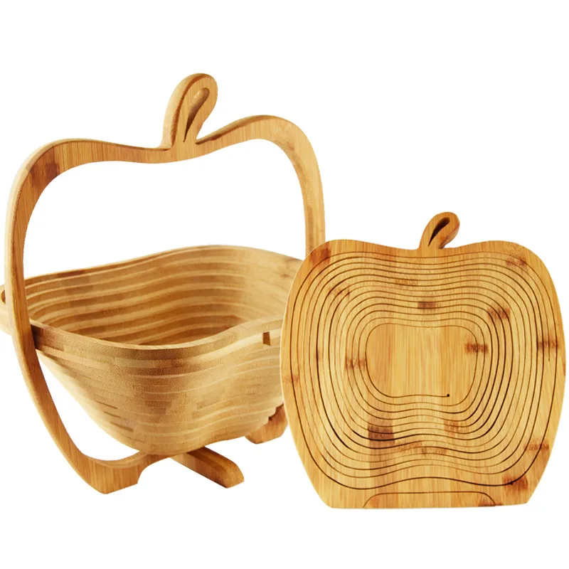 Eco-friendly Collapsible Fruit Basket Handmade Bamboo Wood Carving Folding Fruit Basket for Candy Fruits Nuts & Bread
