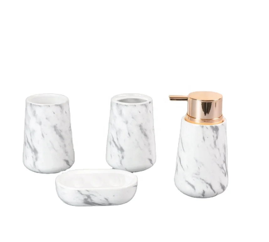 Luxury Hotel White marble stone gold pump Soap Dish Dispenser Set 4 piece Bathroom Accessories