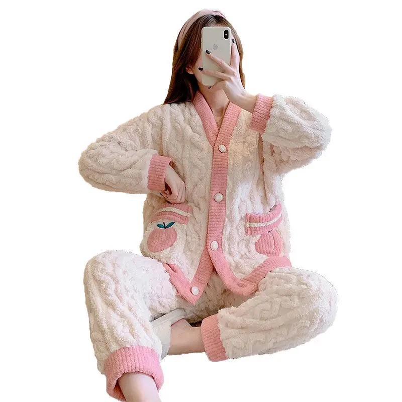 XQM Coral Fleece Pajamas Female Winter Loose Cartoon Cute Warm Flannel Thickened Pajamas Winter Home Wear Set