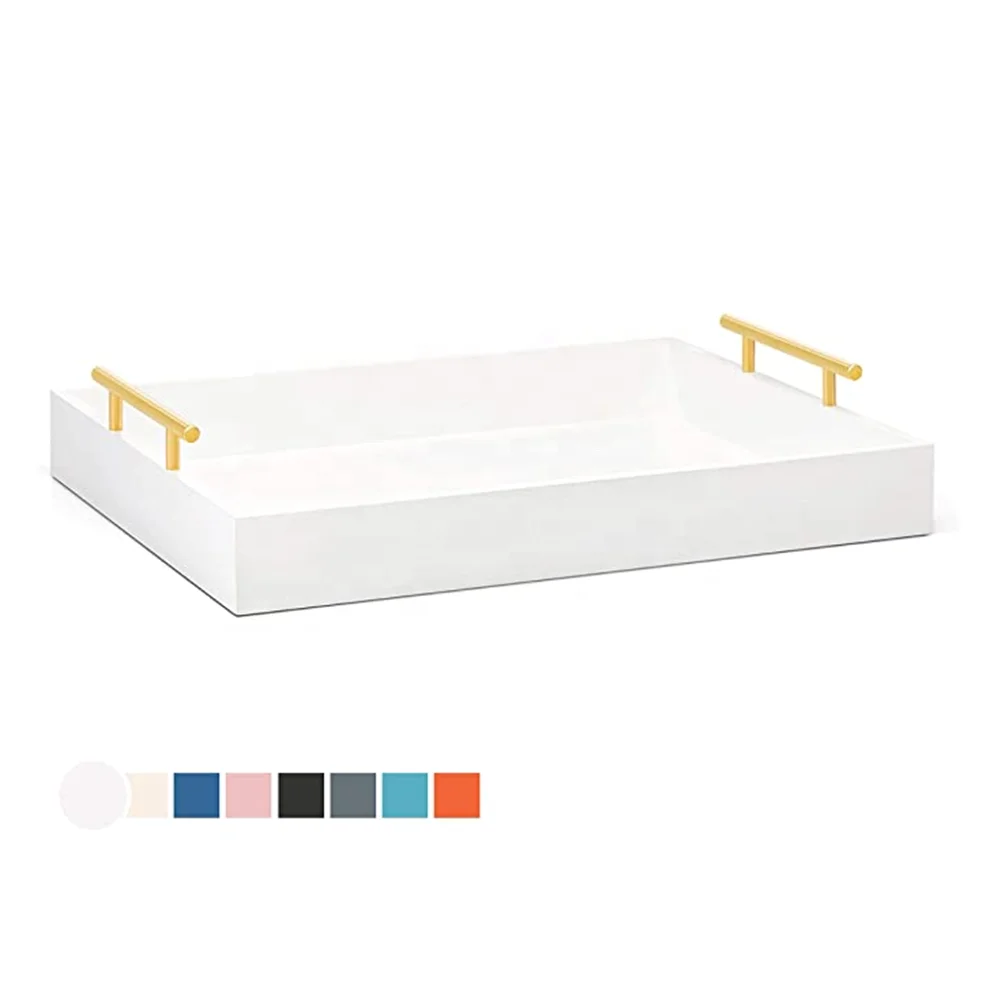 Decorative Coffee Table Tray Ivory Wood Serving Tray for Ottoman, Polished Gold/Silver Interchangeable Metal Handles