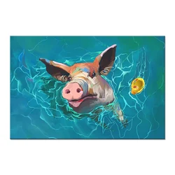 Large Blue Canvas Wall Art Funny Wild Pig Swimming Pig at Sea Abstract Animal Picture Painting on Canvas for Living Room