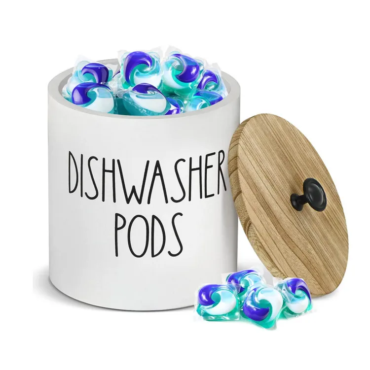 Rustic Round Dishwasher Pod Holder Wood Laundry Detergent Pods Container With Lid Kitchen Storage Containers