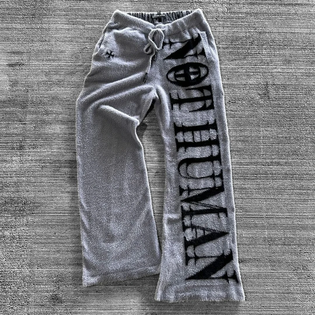 Custom Logo Winter Fashion Men Knit Trousers Fuzzy Baggy Mohair Pants Men Mohair Flared Sweatpants Mohair Flare Sweater Pants