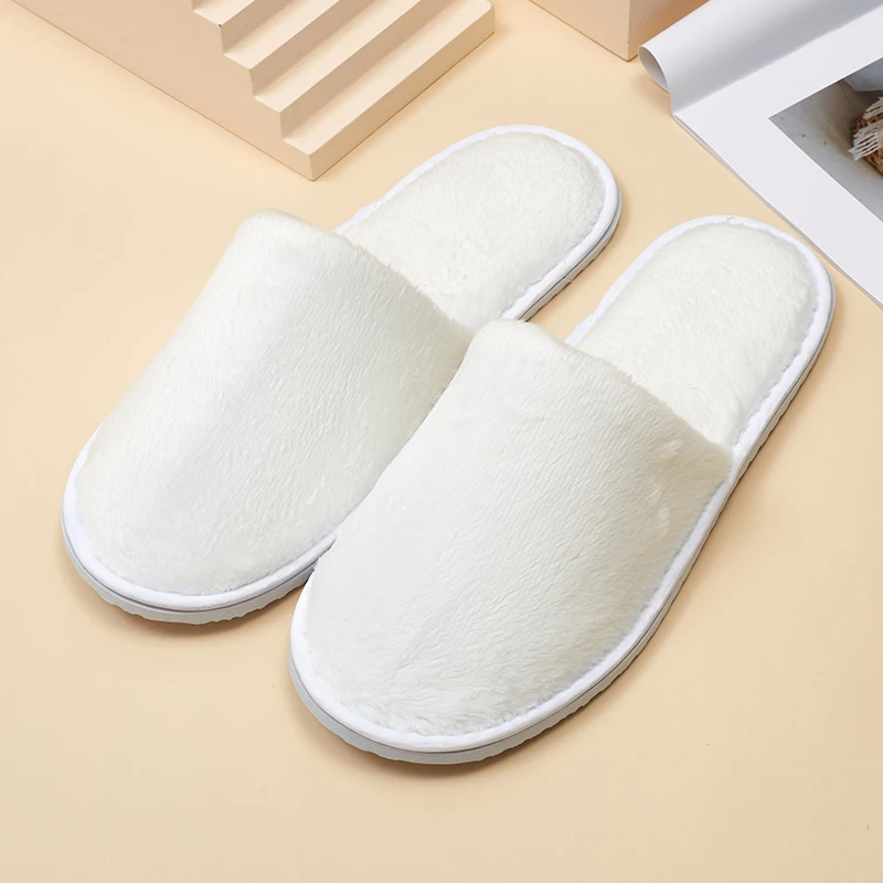 Eco-friendly hotel amenities pure white custom logo hotel bath disposable plush hotel slipper