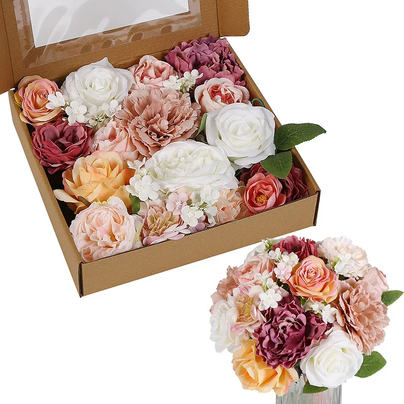 Silk Dahlia Rose DIY Bouquets Wedding  Multicolored Foam Roses Set Boxes Orange Foam Flowers Bouquet Flower Wall Backdrop