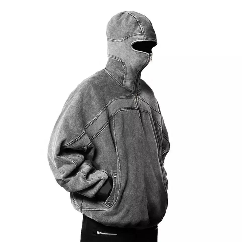Manufacturer ninja masked vintage blanks 500gsm heavyweight custom men stone acid wash full face zip up hoodie with eye hole