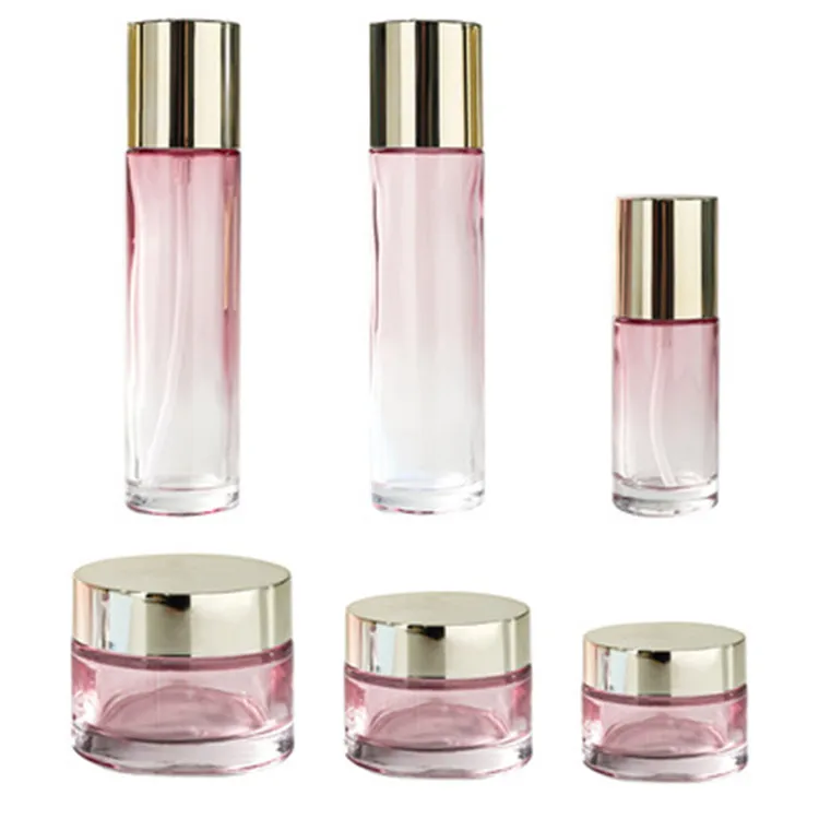 FTS Custom Eco Friendly Luxury Clear Refillable Glass Pump Skincare Bottle And Jar Sets Face Cream Lotion Cosmetic Packaging