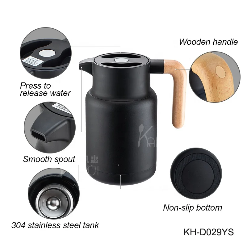 1 Piece Retail Double Wall Thermos 304 Stainless Steel Thermal Kettle Vacuum Tea Coffee Pot With Wooden Handle For Home