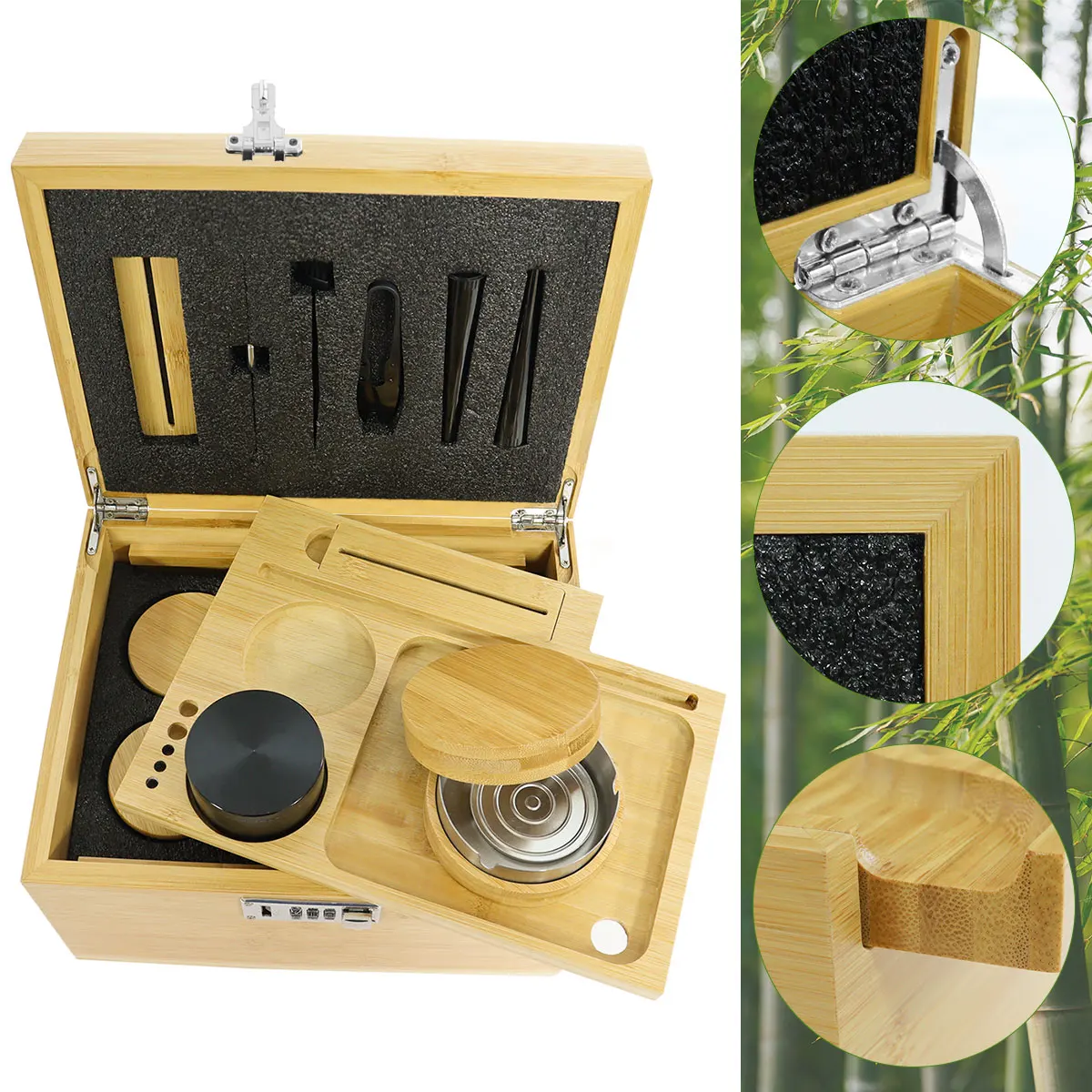 luxury premium smell proof smoking accessories rolling paper smoking kit box bamboo wooden stash box with lock and rolling tray