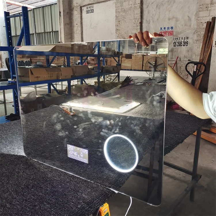 Custom  rectangular frameless smart led mirror with magnifying glass, time, temperature, Bluetooth for bathroom