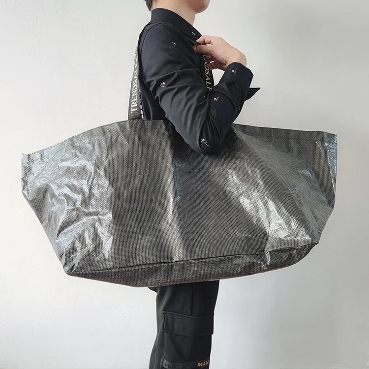 Custom embroidered logo handles Black Extra large laminated PP woven tote bag