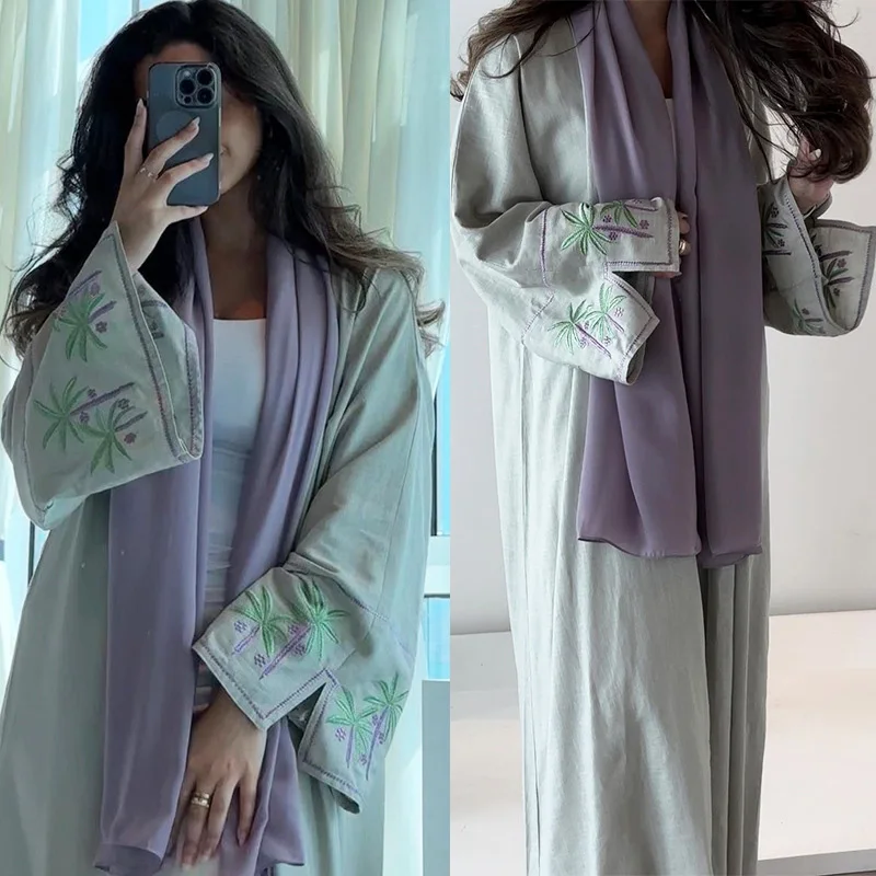 Arabian Dubai Fashion Embroidered Abaya Cardigan Robe Plain Color Turkey Islam Modest Muslim Open Abaya