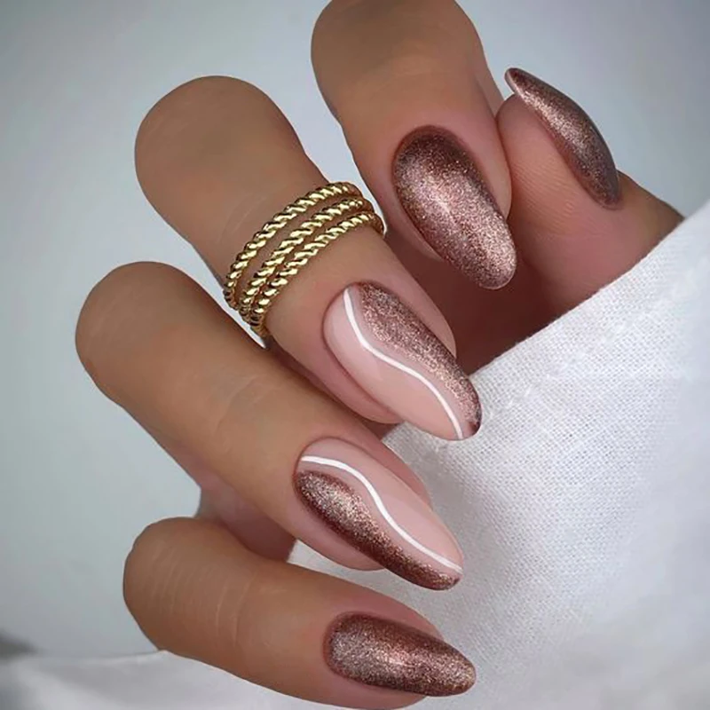 Metallic rose gold fashion almond mix color acrylic press on nails packaging vendor pressure glue full cover reusable fake nails
