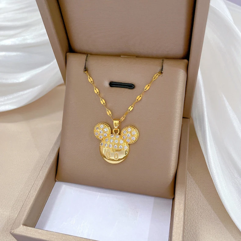 Fashion Waterproof Silver 18K Gold Plated Stainless Steel Diamond Zircon Women Mouse Ears Mickey Necklace Jewelry